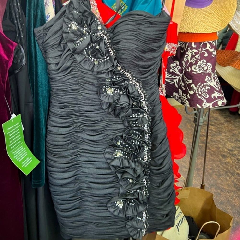 Nwt Terani Couture Charcoal One-Shoulder Beaded Mini Dress Size 4
